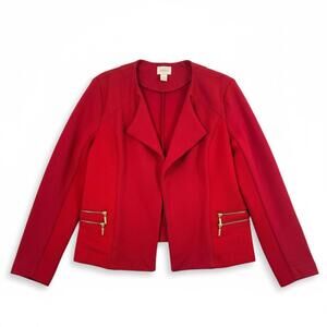 Chico’s Red Open Front Jacket Size 2 Cropped Knit Blazer Gold Zip Pockets
